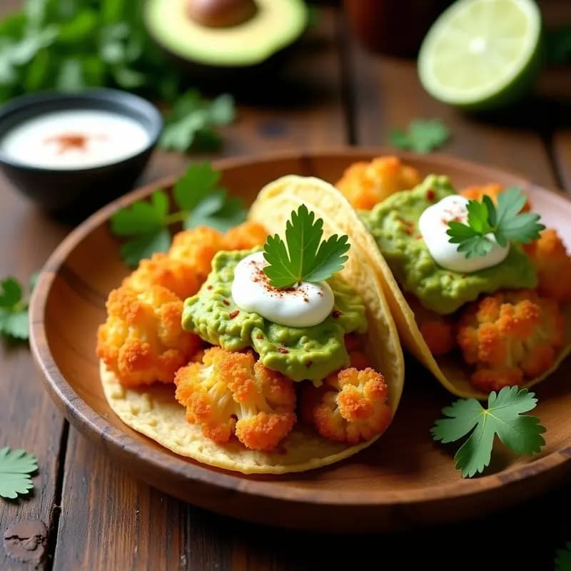 Tacos de coliflor dorados y crujientes preparados en airfryer, rellenos de aguacate y salsa de yogur griego, sobre un plato de madera rústica con cilantro fresco.