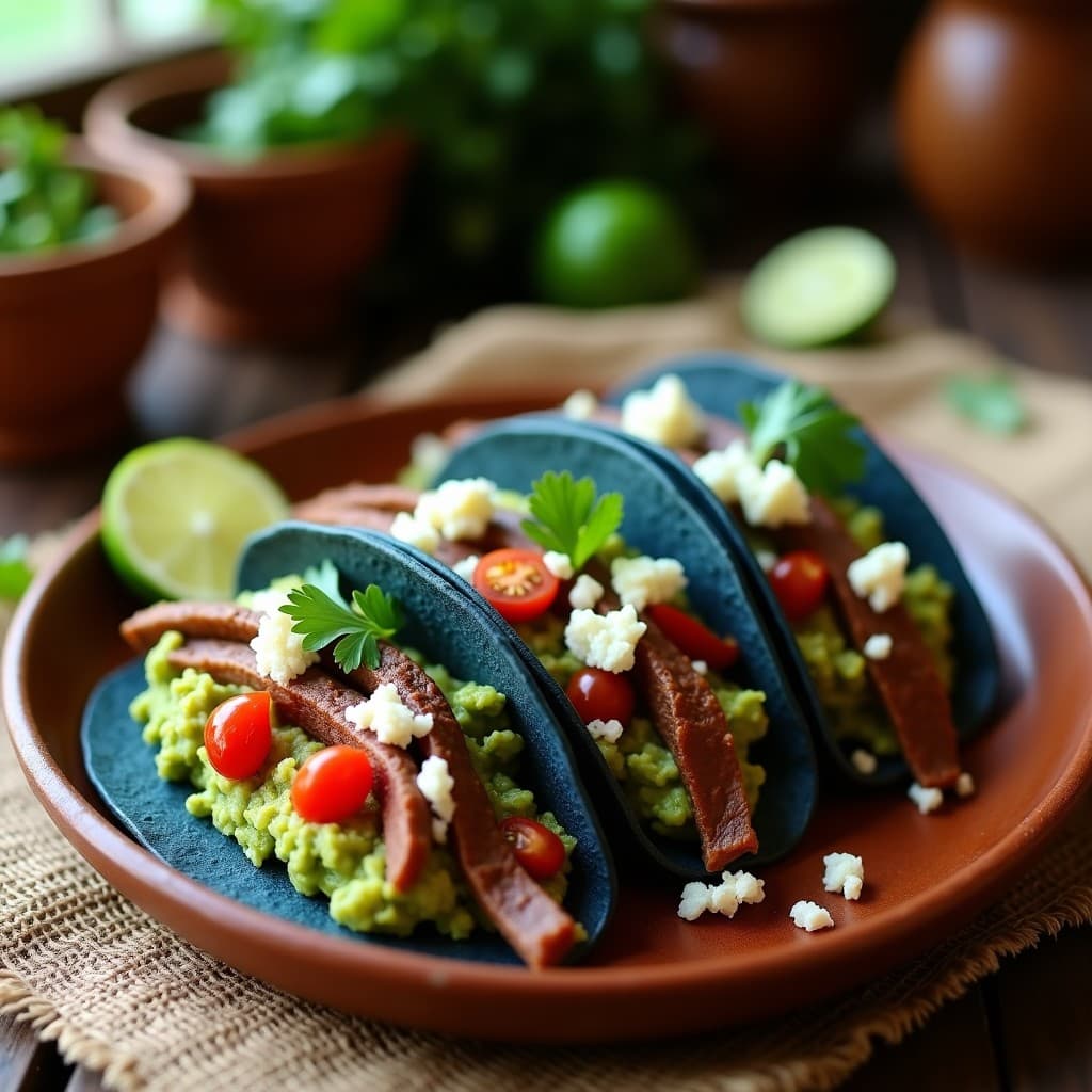 Tacos colombianos con tortillas de maíz azules rellenos de láminas de cecina de res, guacamole cremoso de aguacate Hass, queso campesino desmenuzado y cilantro fresco, servidos en un plato de barro rústico con limones verdes de fondo.