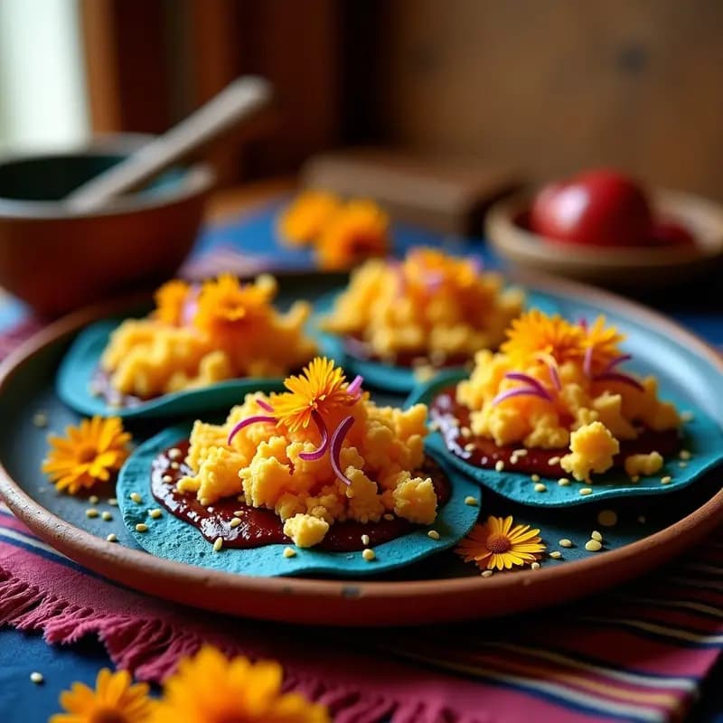 Plato de tacos de cempasúchil y queso panela en tortillas de maíz azul, con pétalos de flor de muerto naranja vibrante, queso panela cremoso, cebolla morada picada y crema ácida, servidos sobre una mesa rústica con decoración de Día de Muertos.