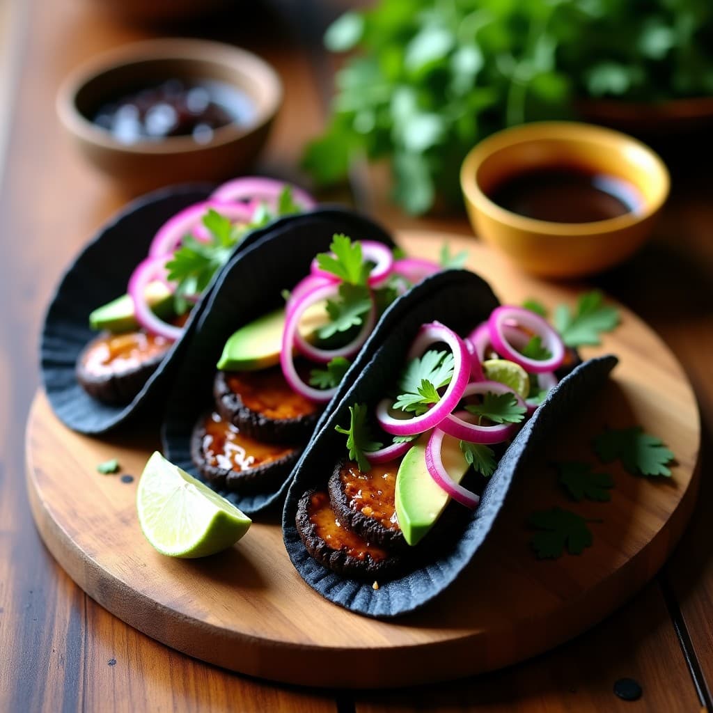 Tacos de champiñones al ajo negro veganos servidos en tortillas de maíz azules, decorados con aguacate, cebolla morada y cilantro fresco sobre tabla de madera rústica.