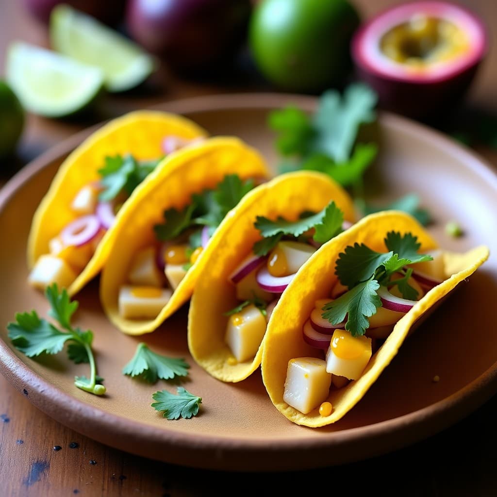 Tacos de maíz rellenos de tiras crujientes de chayote verde, ceviche de corvina marinada en limón con cebolla morada y cilantro, y un chorrito de salsa de maracuyá amarilla brillante. Plato colorido y fresco, típico de la cocina peruana baja en calorías.