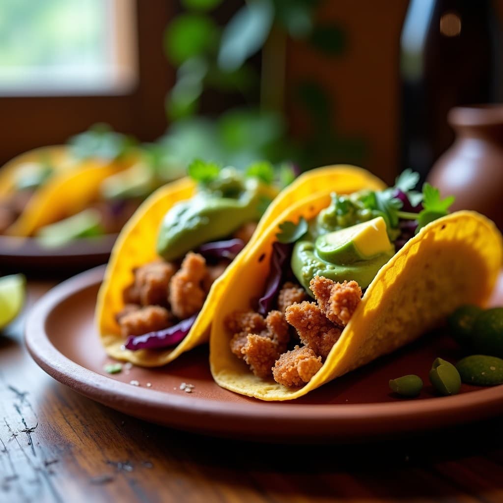 Tacos de chicharrón de hongos y salsa verde veganos en tortillas de maíz, con láminas doradas y crujientes de hongos portobello y shiitake, acompañados de salsa verde fresca, aguacate y lechuga morada sobre un plato rústico de barro.