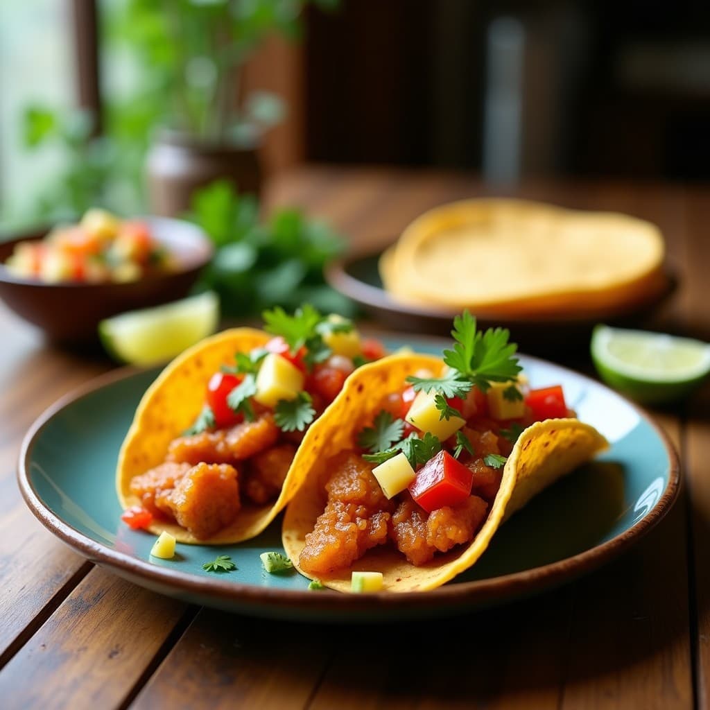 Tacos de chicharrón de Sincelejo dorados y crujientes en tortillas de maíz, acompañados de salsa fresca de habanero y piña, servidos en un plato rústico de barro con cilantro fresco.