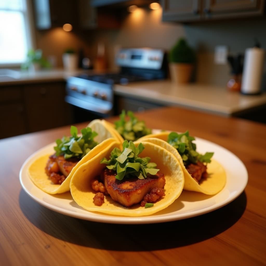 Tacos de chicharrón de tofu dorado y crujiente sobre tortillas de maíz, acompañados de nopales tiernos, cebolla morada, cilantro fresco y limón verde, receta vegana con sabor a carnitas.