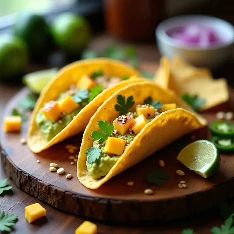 Tacos originales de chips de tortilla triangulares rellenos de guacamole cremoso con trozos de mango, decorados con semillas de sésamo, cacahuetes picados y cilantro fresco sobre tabla de madera rústica, receta mexicana sin cocinar.