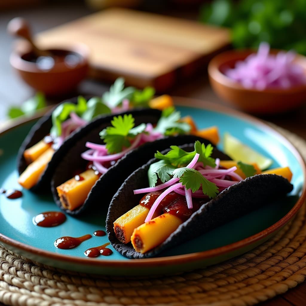Plato de tacos de chirivía asada con mole negro vegano, tortillas de maíz azules, cebolla morada en juliana, cilantro fresco y lechuga morada, sobre un mantel rústico de tela de yute con detalles oaxaqueños.