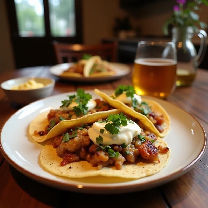Tacos veganos de chirivía y raíces asadas en airfryer con salsa de tahini, servidos en tortillas de maíz con lechuga morada, cilantro fresco y semillas de sésamo tostadas. Plato colorido y apetecible, ideal para una comida alta en fibra.