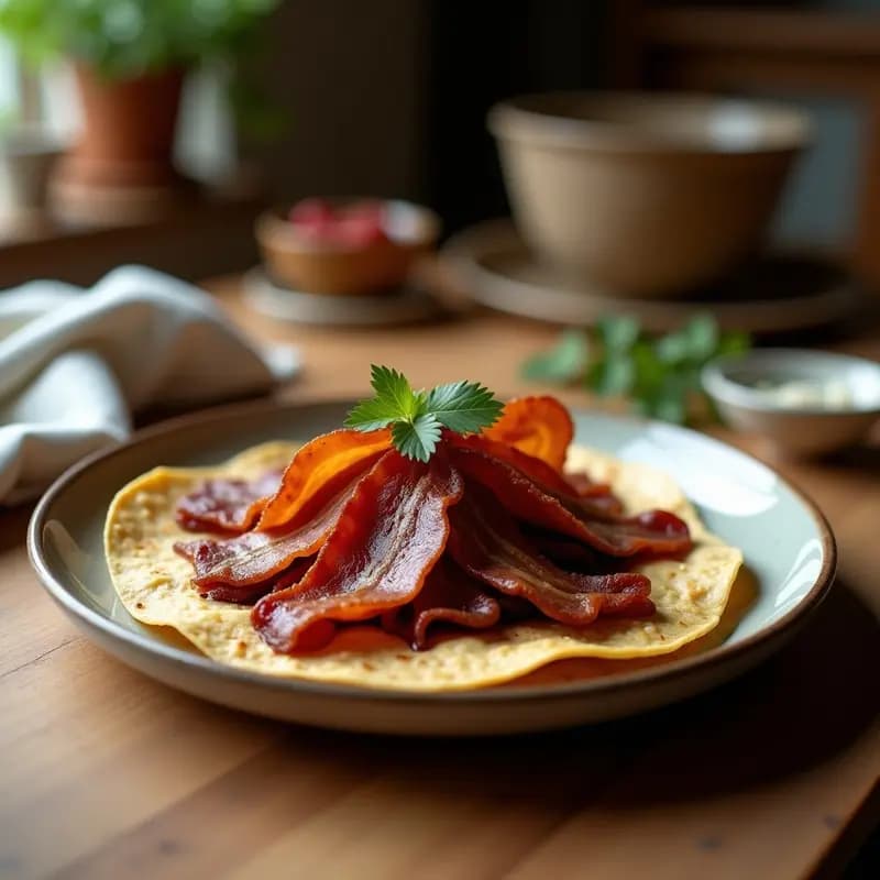 Tacos de chocolate y bacon crujientes en airfryer, con trozos de chocolate negro derretido, tiras de bacon dorado y un toque de miel brillante sobre tortillas de trigo ligeramente doradas. Plato servido en una tabla de madera rústica con virutas de chocolate blanco y hojas de menta como decoración.