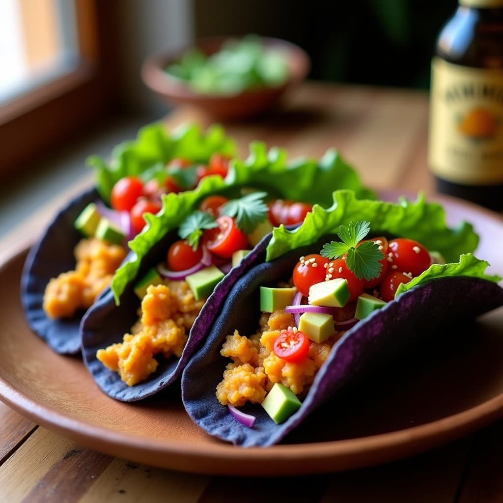 Plato con tacos de tortilla de maíz rellenos de plátano macho asado dorado, frijoles negros y salsa picante de color rojo, decorados con cilantro fresco y rodajas de aguacate sobre fondo rústico de madera.