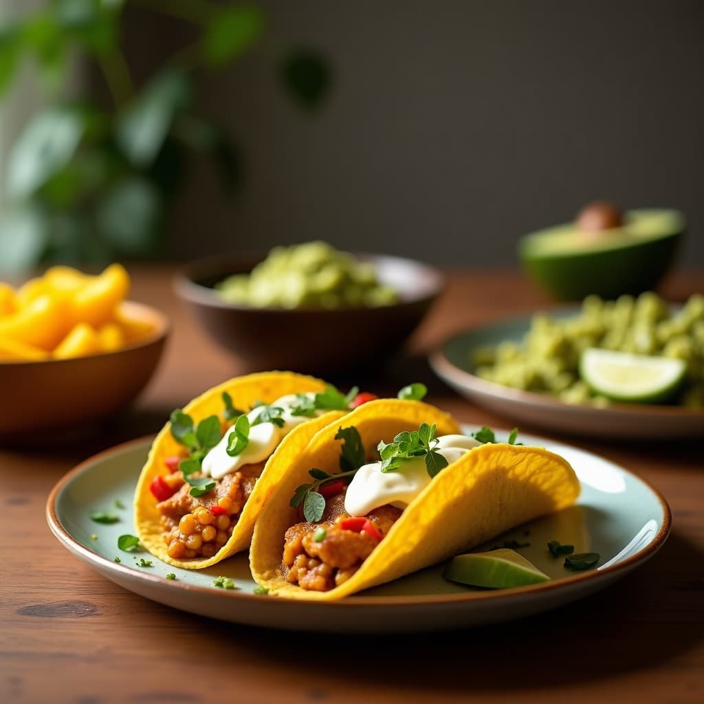 Tacos de chontaduro dorado y crujiente en tortillas de maíz azul, rellenos de guacamole cremoso de mango y cilantro, decorados con semillas de sésamo y hojas de lechuga morada. Receta colombiana vegana en airfryer.