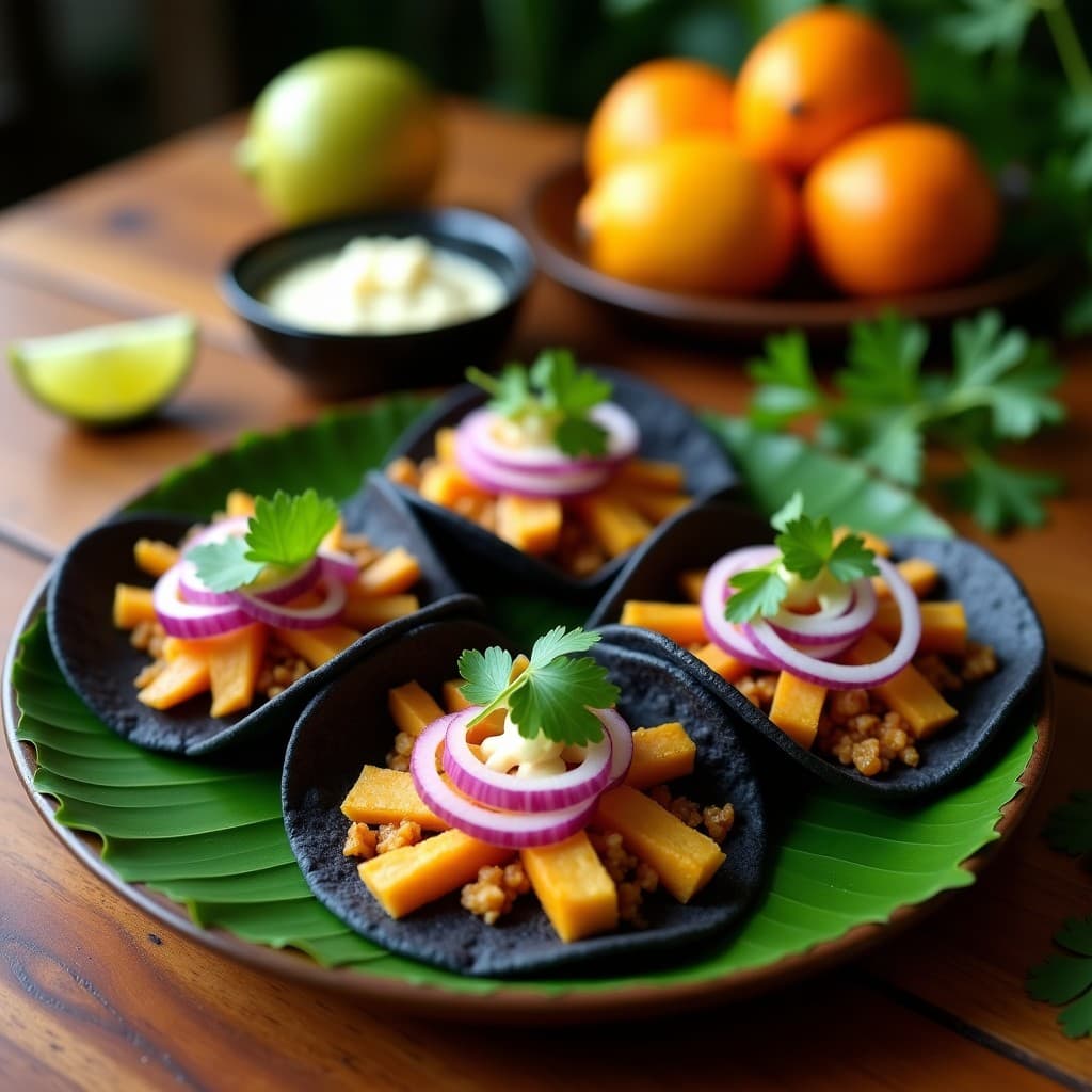 Tacos veganos de chontaduro y queso de caju servidos sobre hojas de bijao, con tortillas de maíz azul, cebolla morada y cilantro fresco. Receta colombiana con toque amazónico.