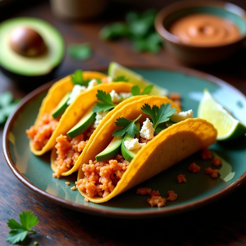 Tacos dorados y crujientes de chontaduro y queso campesino servidos en un plato rústico de barro, con salsa de cebolla morada y cilantro fresco. Receta colombiana viral en airfryer.