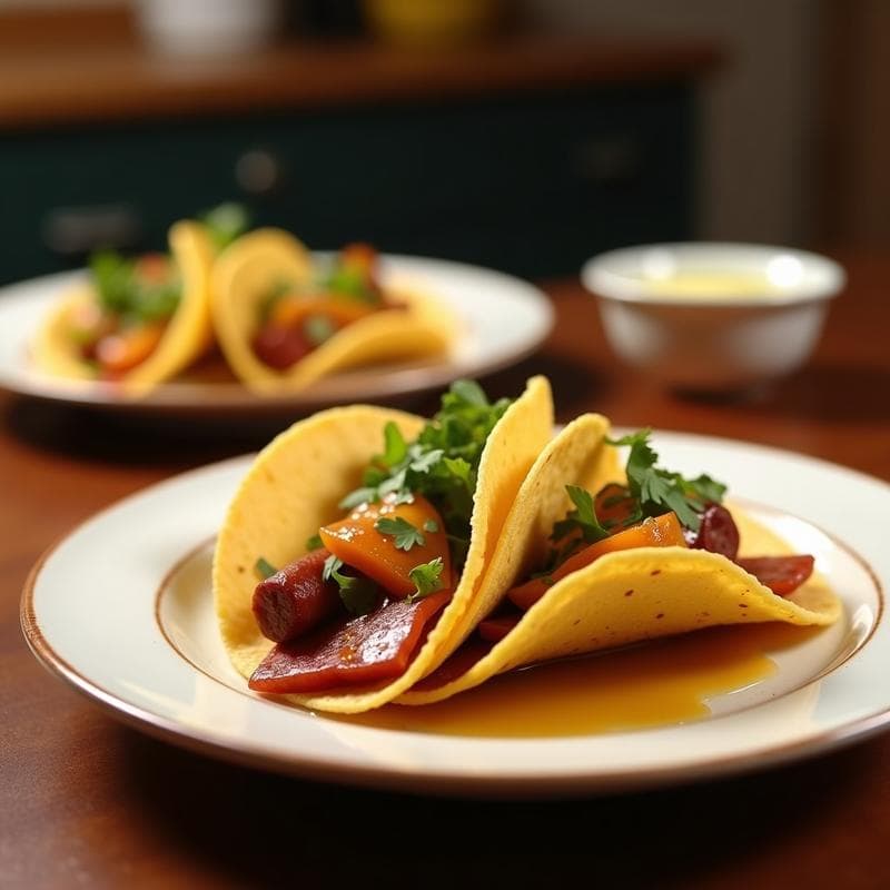 Tacos dorados en airfryer rellenos de chorizo ibérico asado, manzana caramelizada, cebolla morada, lechuga iceberg y queso manchego rallado, con un hilo de salsa de mostaza y miel, servidos en un plato de madera rústico.