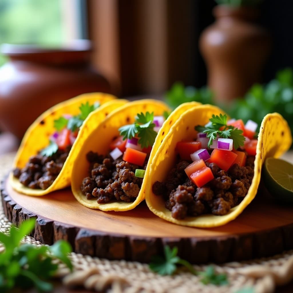 Tacos de chorizo de insectos con pico de gallo en tortillas de maíz azules, decorados con semillas de sésamo y rodajas de limón, sobre un plato de barro rústico con fondo de cocina mexicana tradicional.