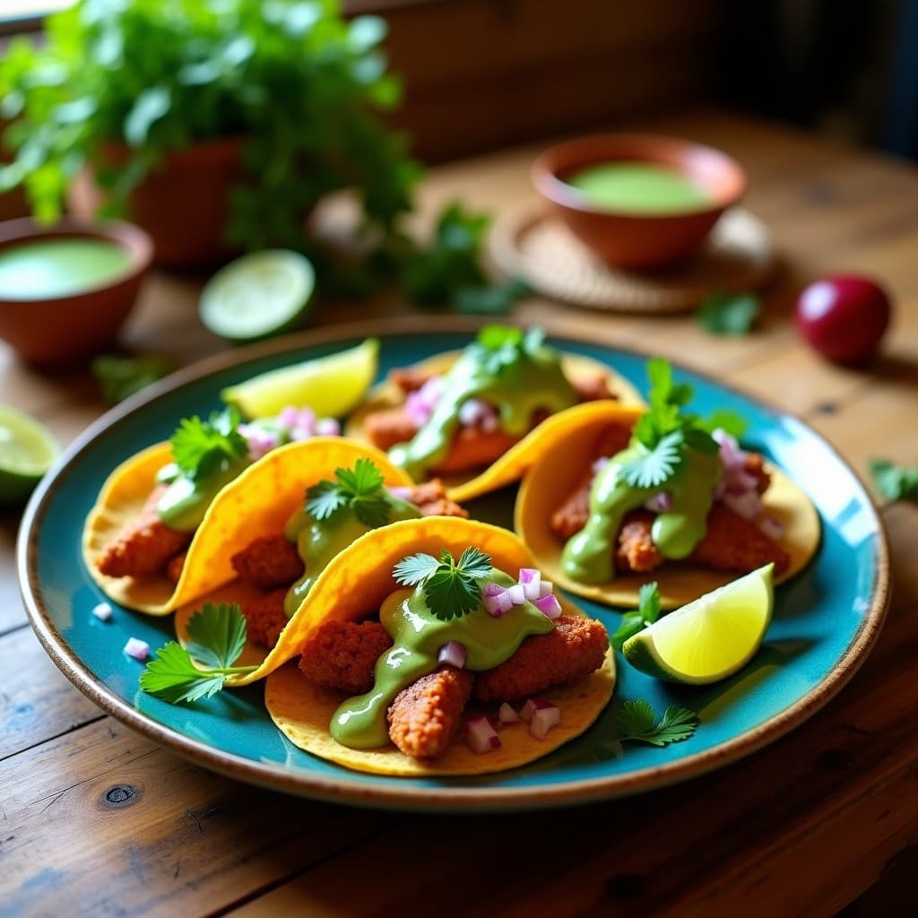 Tacos de chorizo vegano de seitán dorado en airfryer, servidos en tortillas de maíz con salsa verde fresca, aguacate en cubos y cebolla morada picada. Plato colorido y apetitoso con toques de cilantro y lima al lado.
