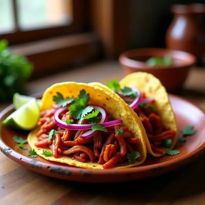 Tacos de cochinita pibil en tortillas de maíz, con carne desmenuzada de color rojizo por el achiote, acompañados de cebolla morada picada, rodajas de habanero y cilantro fresco, servidos en un plato de barro rústico.