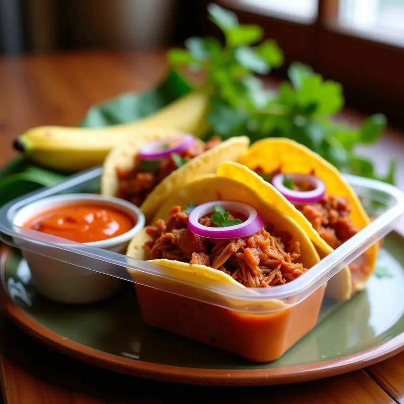 Tacos de cochinita pibil desmenuzada en tortillas de maíz, acompañados de salsa de habanero naranja brillante y cebolla morada encurtida, servidos en un tupper transparente con hoja de plátano de fondo, receta yucateca tradicional para llevar.