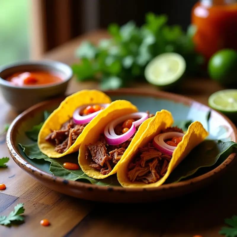 Tacos de cochinita pibil auténticos servidos en tortillas de maíz, con carne desmenuzada jugosa, cebolla morada fresca y salsa de habanero vibrante, sobre hojas de plátano asadas. Plato tradicional yucateco con colores intensos y texturas apetitosas.