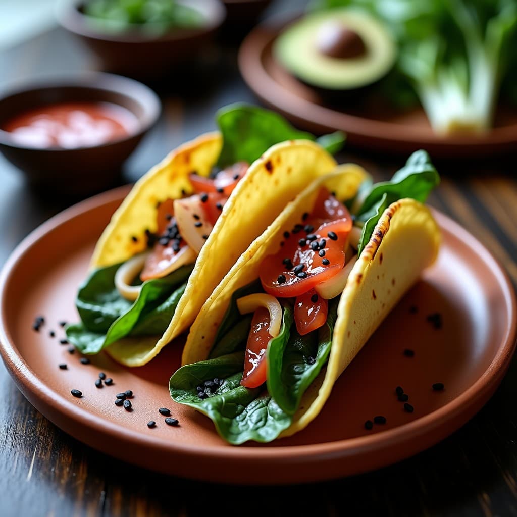 Tacos de tortilla de maíz azul rellenos de hojas de col menor baby doradas y crujientes, cebolla morada en juliana, bañados en salsa de ciruela umeboshi de color rosado intenso. Espolvoreados con semillas de sésamo negro y pimienta de shichimi, servidos en un plato de barro rústico con fondo de madera oscura.