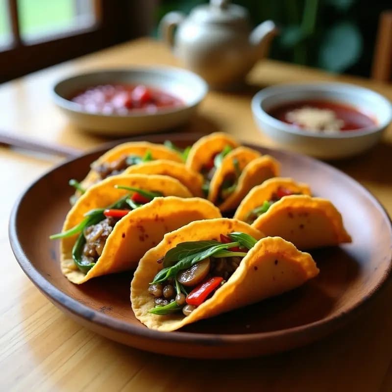 Tacos dorados y crujientes rellenos de col china y hongo shiitake, servidos en un plato de madera con salsa de umeboshi al lado. Receta vegana japonesa en airfryer.