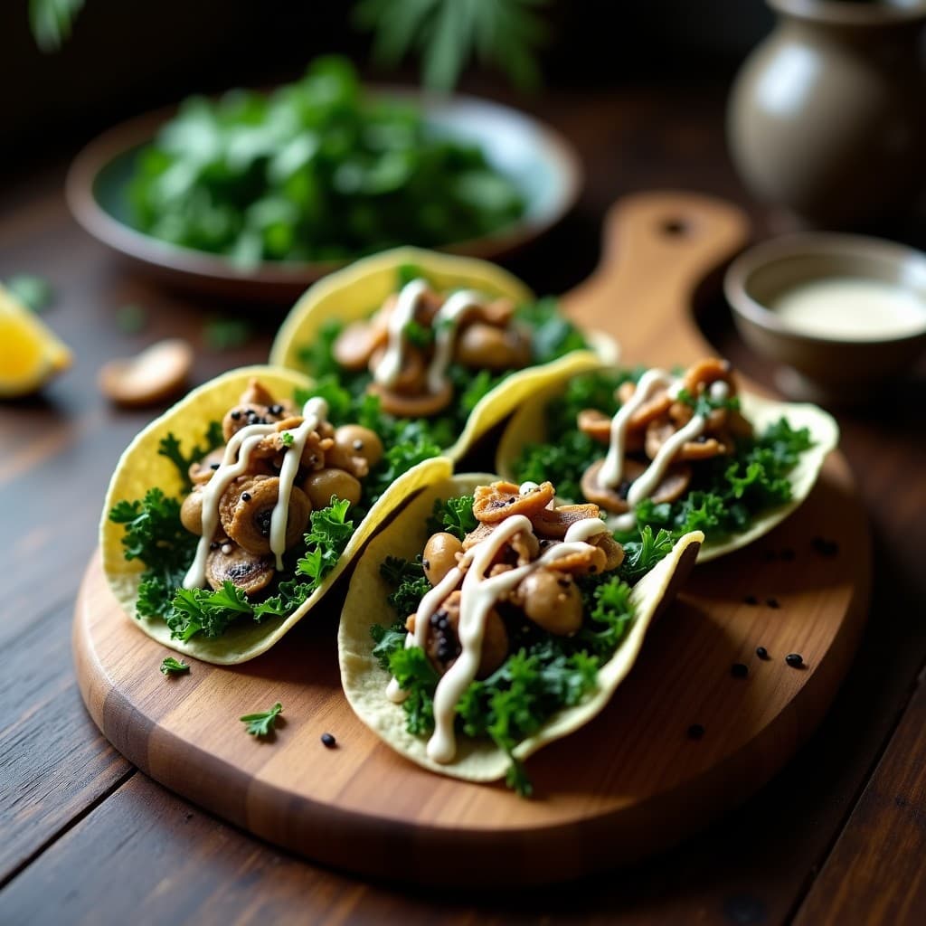 Plato de tacos veganos japoneses con tortillas de maíz azules rellenos de col rizada encurtida, champiñones shitake salteados y salsa de miso cremosa, decorados con semillas de sésamo negro y algas wakame, sobre un fondo de madera rústica.