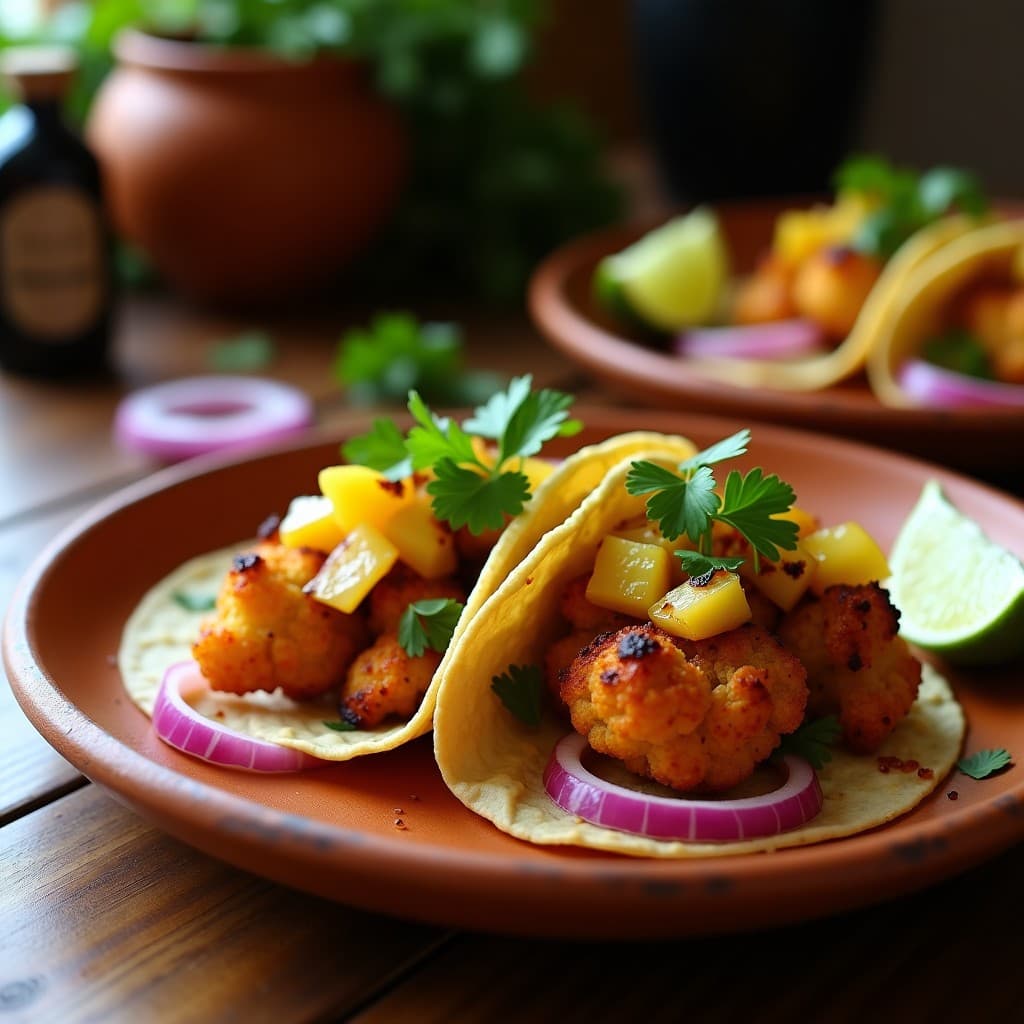Tacos de coliflor al pastor veganos con piña asada caramelizada, cebolla morada y cilantro fresco sobre tortillas de maíz doradas, servidos en un plato de barro rústico con limón al lado.
