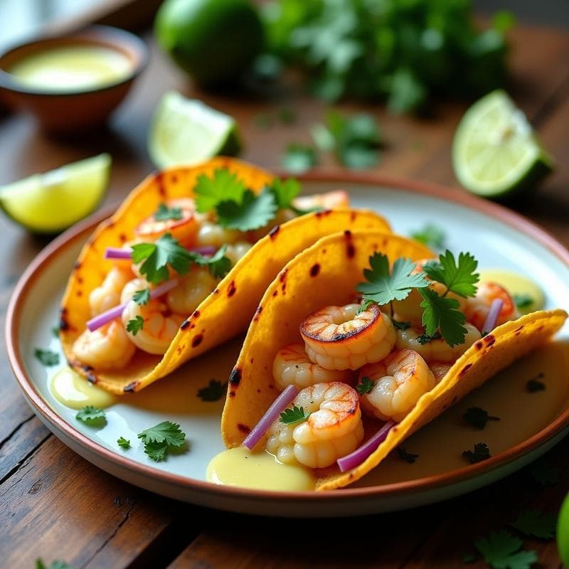Plato con tacos dorados de coliflor crujiente rellenos de ceviche de camarón y leche de tigre, decorados con cilantro fresco y rodajas de limón. Receta keto y sin gluten.