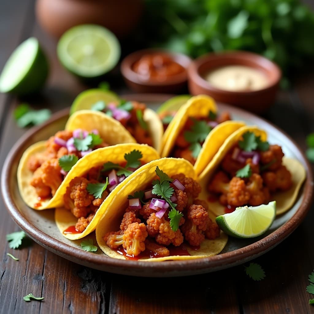 Tacos veganos de coliflor al chipotle en airfryer, con tortillas de maíz rellenas de coliflor desmenuzada dorada, cebolla morada picada, cilantro fresco y crema de anacardos, servidos en un plato de barro con limones al lado.