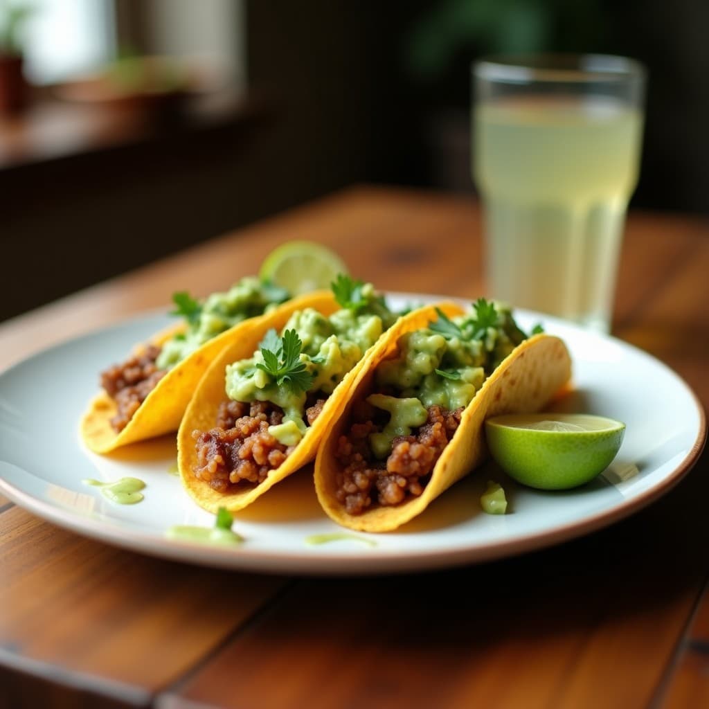 Tacos de corazón de alcachofa dorados y crujientes servidos en hojas de lechuga romana, bañados con salsa verde cremosa de aguacate, decorados con semillas de sésamo y rodajas de lima. Receta mexicana keto y sin carbohidratos.