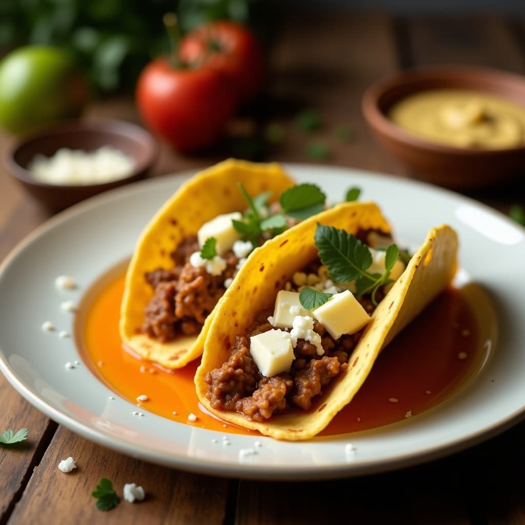 Tacos veganos brasileños de corazón de palmito dorado en airfryer, rellenos de queso cremoso de cúrcuma, lechuga morada, tomate cherry y cilantro fresco, servidos con salsa de ají amarillo.