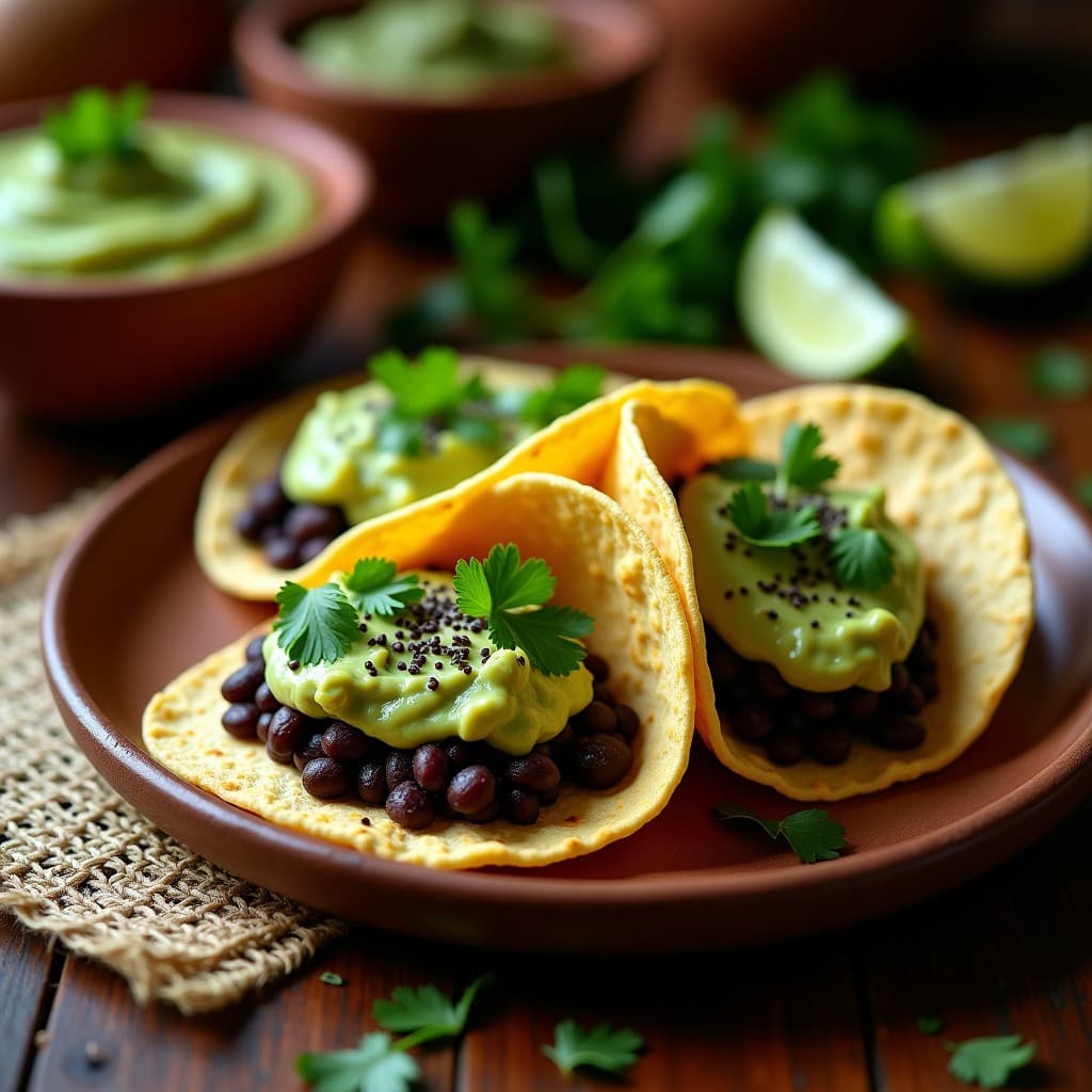 Plato de tacos abiertos de tortilla de maíz azul rellenos de frijol tepari cocido, cubiertos con guacamole verde cremoso de chayote y decorados con semillas de chía y cilantro fresco, sobre un mantel de tela rústico.