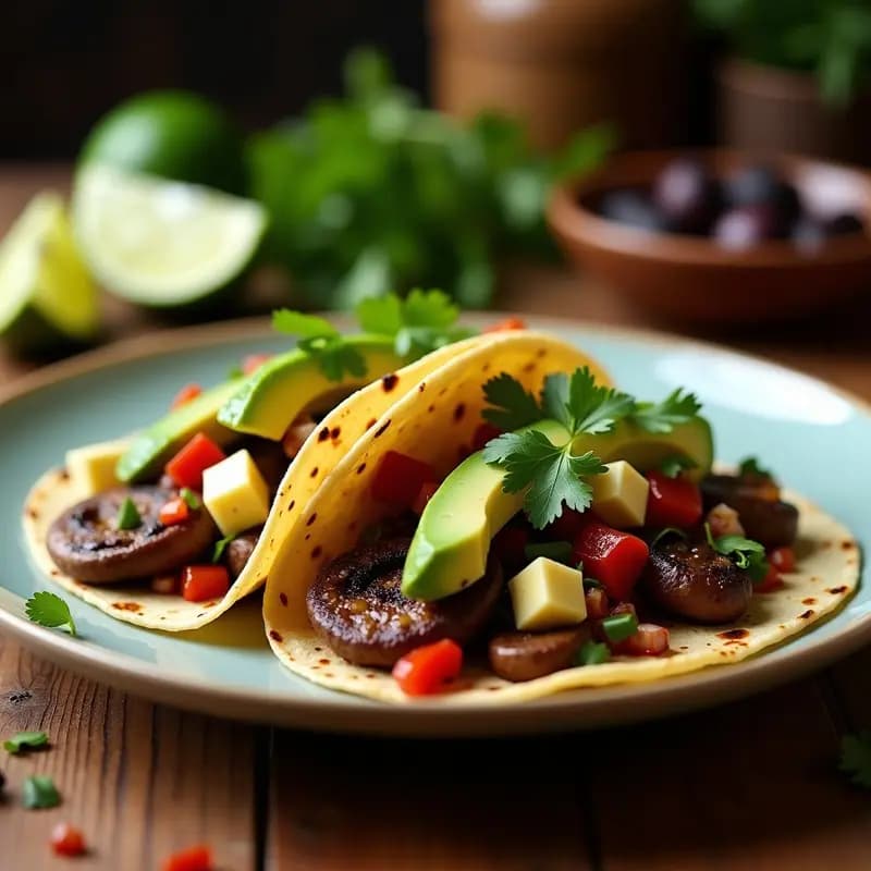 Tacos veganos de champiñones portobello al ajo negro, servidos en tortillas de maíz con aguacate, cilantro y lima, receta rápida y alta en proteína.