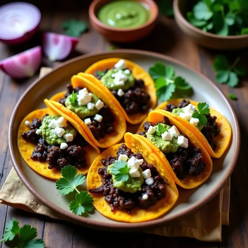 Plato de tacos de cuitlacoche tradicionales mexicanos con tortillas de maíz azules, rellenos de huitlacoche salteado, salsa verde, queso fresco y crema ácida, servidos sobre un mantel rústico.