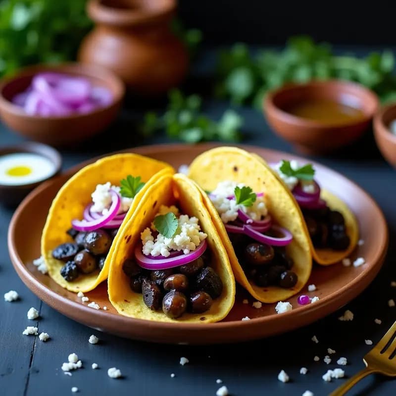 Plato de tacos de huitlacoche trufados con tortillas de maíz azul, cebolla morada encurtida, queso fresco y aceite de trufa, servidos sobre un mantel rústico con hierbas frescas.