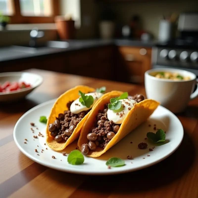Tacos dorados crujientes rellenos de crema morada de açaí y bañados con chocolate negro, decorados con semillas de chía y coco rallado sobre una tabla de madera rústica.