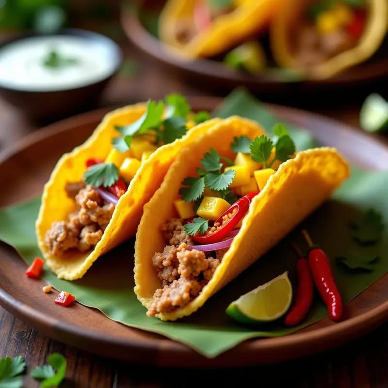 Tacos dorados crujientes rellenos de ampalaya picante y carne de cerdo, servidos en un plato de madera con rodajas de mango y cilantro fresco.
