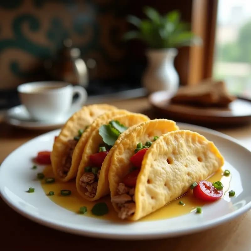 Tacos dorados y crujientes rellenos de queso crema y nueces, bañados en una mezcla de café y canela, servidos en un plato rústico con cacao espolvoreado.
