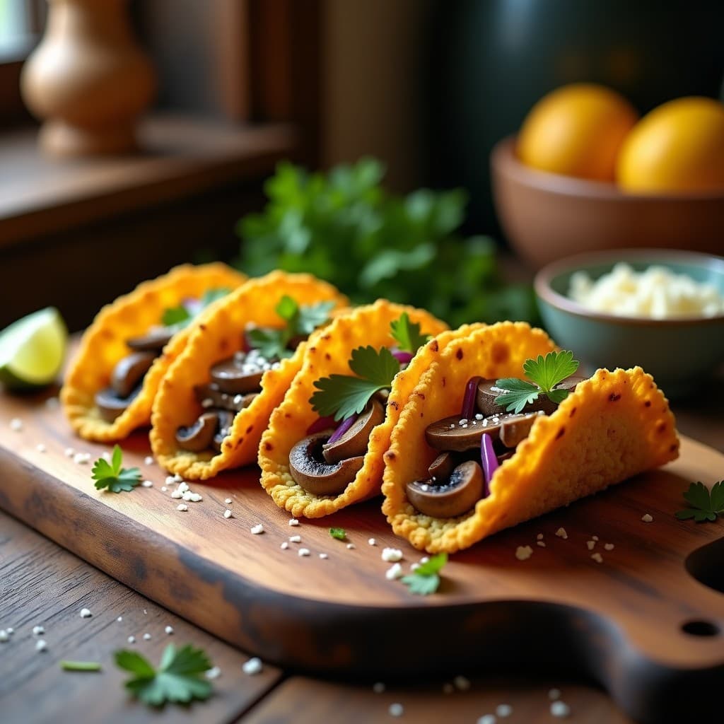 Plato de tacos dorados de coliflor rellenos de hongos portobello salteados, decorados con cilantro fresco y rodajas de cebolla morada, servidos sobre una tabla de madera rústica.