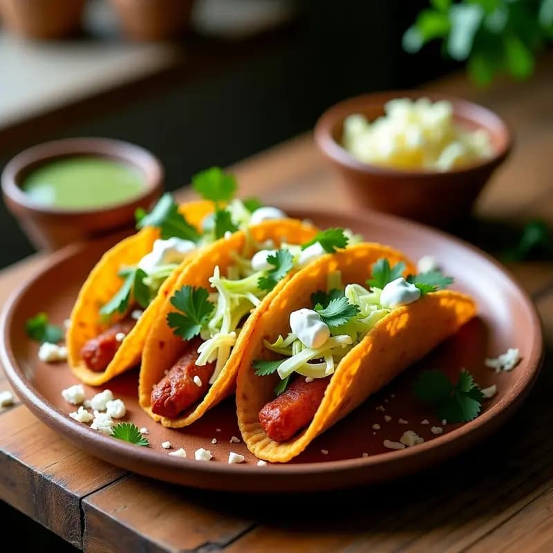 Tacos dorados crujientes rellenos de chorizo y papa, apilados en un plato de barro con salsa verde y crema agria al lado, listos para llevar en tupper.
