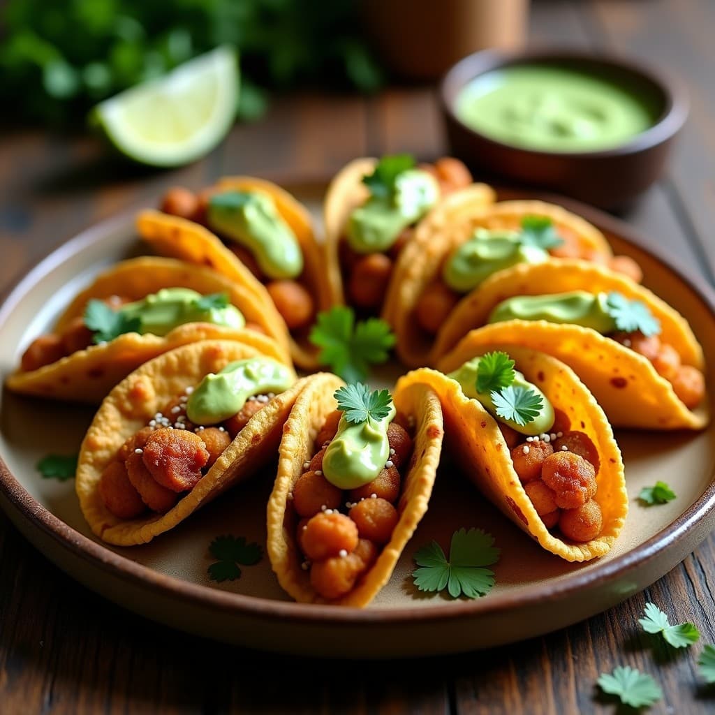 Tacos dorados de garbanzo crujientes servidos en plato de barro con salsa de aguacate, cilantro fresco y semillas de sésamo, receta vegana en airfryer.