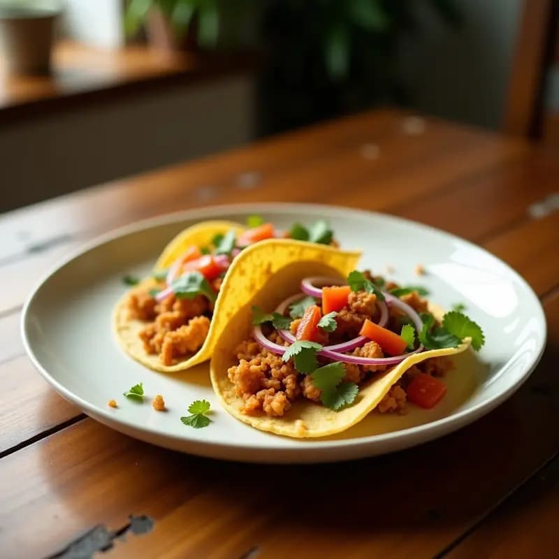 Tacos dorados de jackfruit vegetariana con textura carnosa, rellenos de jackfruit desmenuzado y especias ahumadas, servidos en plato de barro con aderezo cremoso de aguacate, cebolla morada picada y cilantro fresco.
