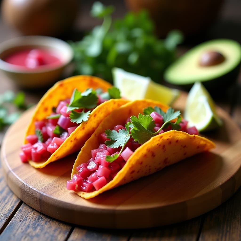Plato colorido con tacos dorados crujientes rellenos de mezcla rosa de jamaica y hibisco, acompañados de aguacate y cebolla morada, sobre fondo rústico de madera.