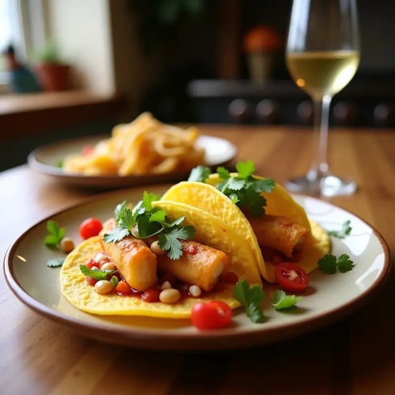 Plato de tacos dorados de lleninga con pescado fresco, servidos en hoja de plátano, acompañados de pico de gallo de cebolla morada, tomate y cilantro. Receta costera ecuatoriana crujiente.