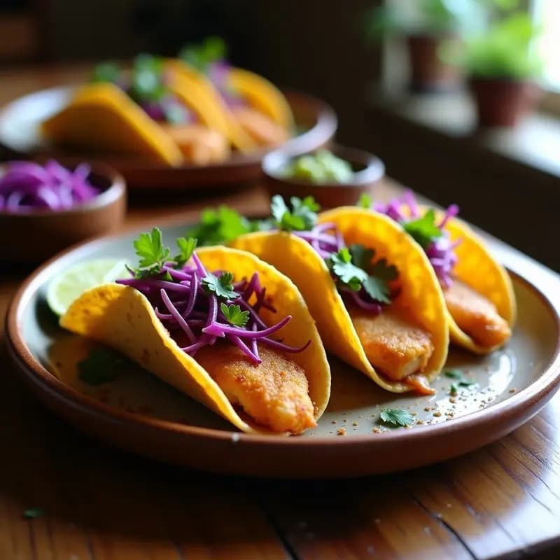Plato con tacos dorados de pescado horneados, crujientes y bajos en calorías, servidos con lechuga morada, cebolla morada, cilantro y salsa verde.