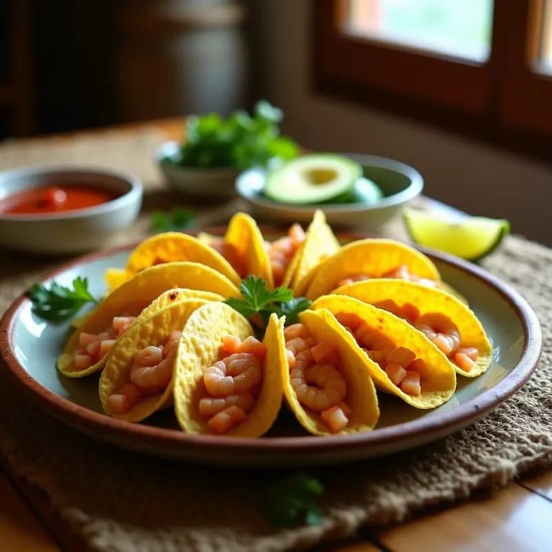 Tacos dorados crujientes rellenos de puyazo y camarón, servidos en un plato de barro con aguacate, limón y salsa de tomate al lado. Receta ecuatoriana tradicional.