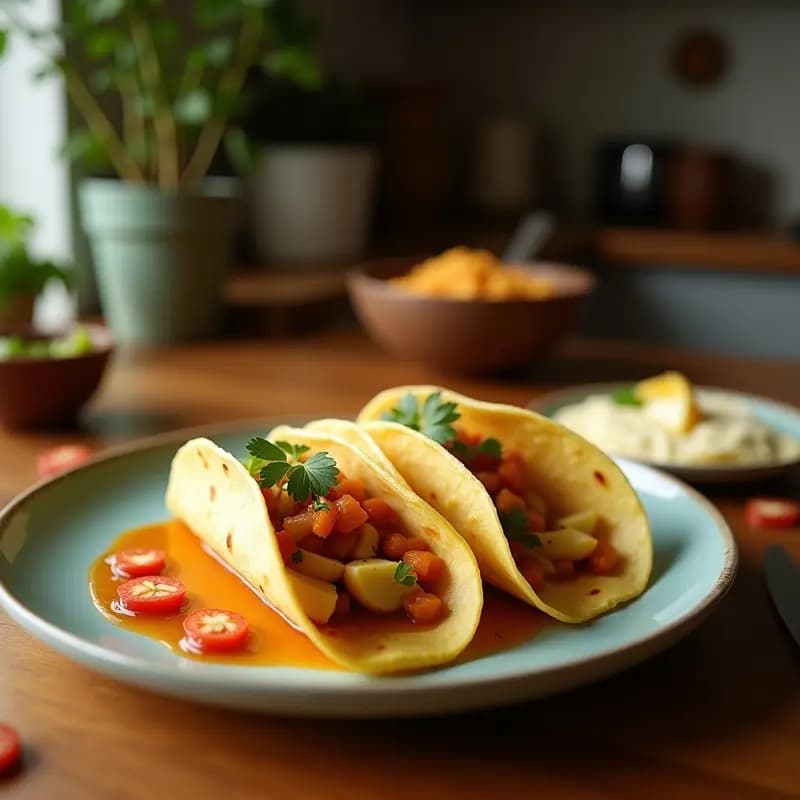 Tacos dorados crujientes de quirquincho servidos en plato de barro, con salsa cremosa de ají amarillo y rodajas de cebolla morada, receta en airfryer.