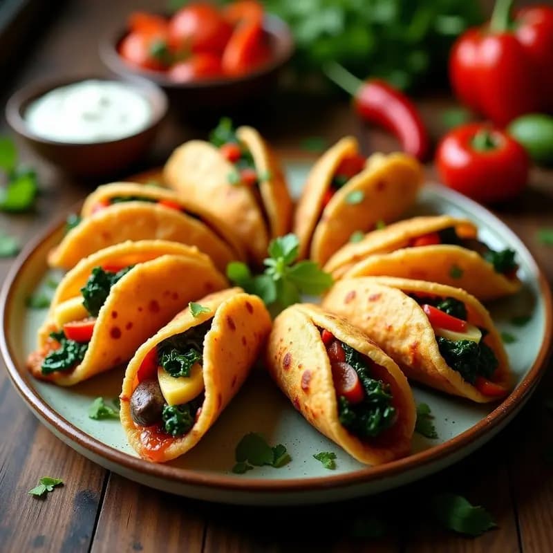 Tacos dorados vegetales rellenos de queso panela, espinacas y hongos portobello, servidos en un plato de barro con crema agria y cilantro fresco, receta en airfryer.