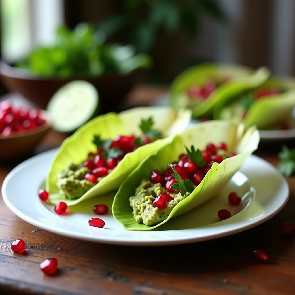 Plato blanco con tacos de hojas de endivia crujientes rellenos de guacamole cremoso y granos de granada rojos brillantes, aperitivo crudivegano fresco y colorido.