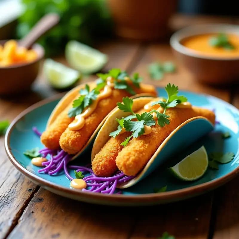 Tacos de Fishless Stick veganos con rebozado dorado y crujiente, servidos en tortillas de maíz azules, acompañados de repollo morado, cilantro fresco y salsa de mango y habanero. Plato colorido y apetitoso sobre fondo rústico de madera.