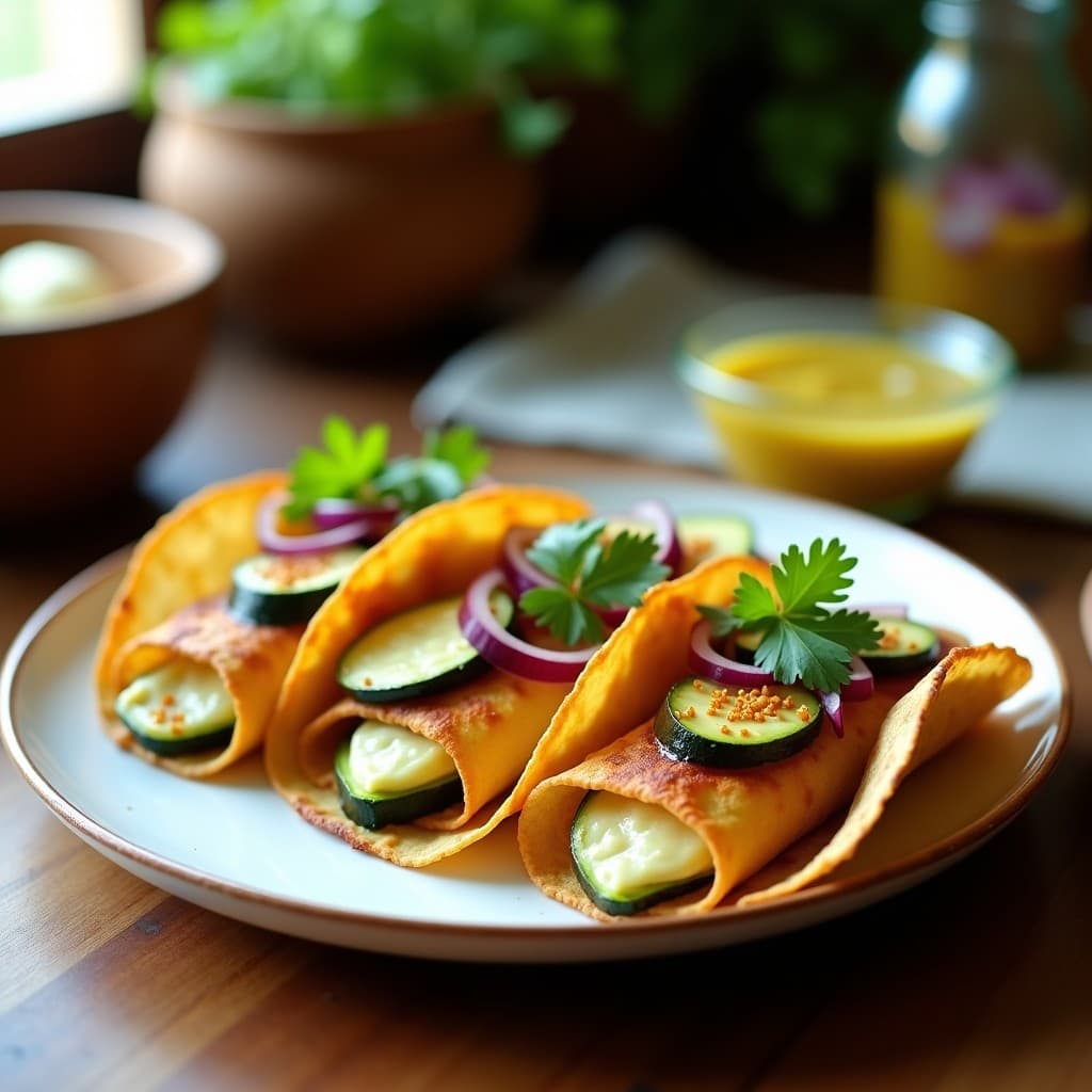 Tacos de flautas de calabacín doradas y crujientes sobre tortillas keto de almendra, acompañadas de una vibrante salsa de ají charapita y cebolla morada, plato peruano keto preparado en airfryer.